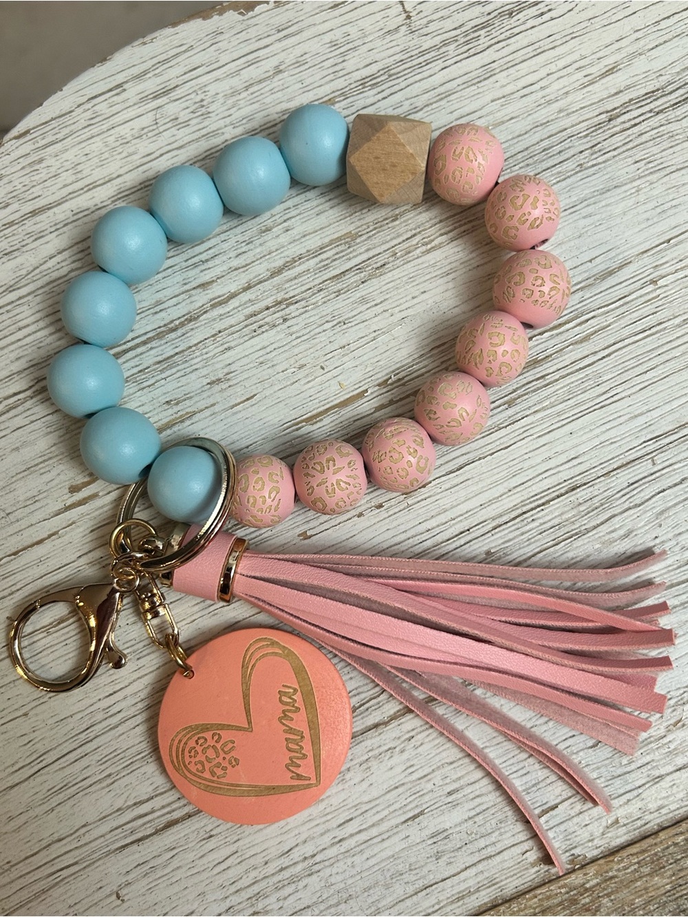 Pink & Blue Beaded Tassel Keychain Bracelet